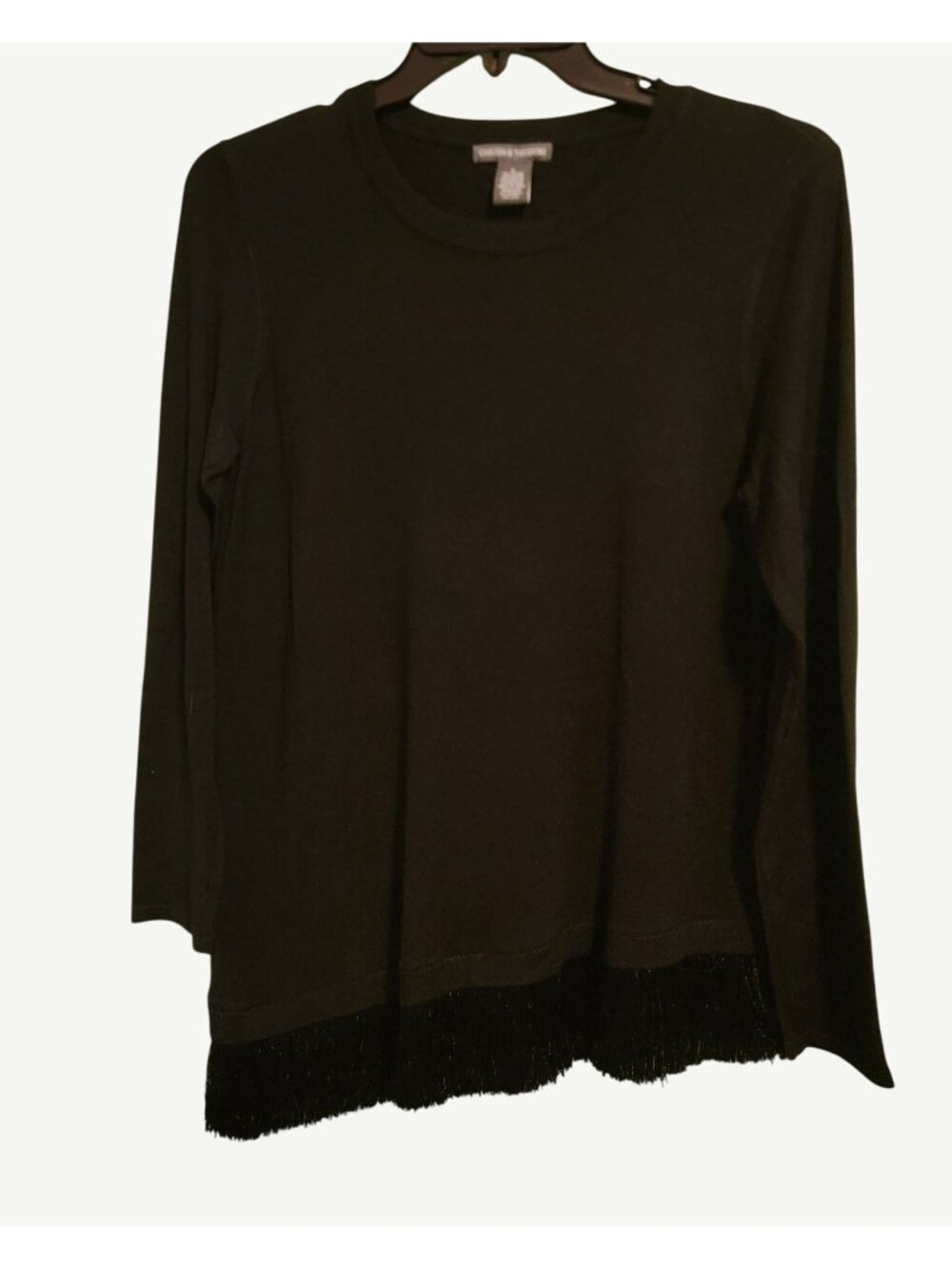 Black Light Weight Long Sleeve Tunic Sweater Asymmetrical Fringe Hem Size L